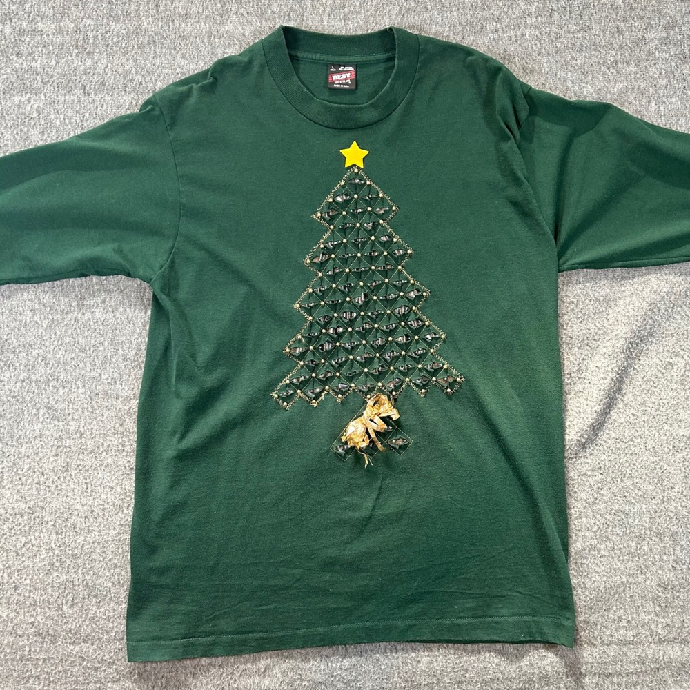VTG Best Fruit of the Loom Christmas Tree Graphic Long Sleeve T-Shirt Womens L
